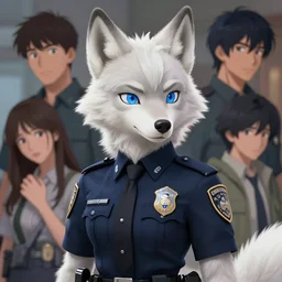 beautiful portrait of a female anthropomorphic albino wolf fursona wearing a state trooper uniform. character design by disney, charlie bowater, ross tran, artgerm, and makoto shinkai, detailed, soft lighting, rendered in octane