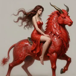 woman loves sitting upon a scarlet coloured beast, pain, light effect, hyper detailed, intricate, elegant, highly detailed, digital painting, artstation, concept art, matte, sharp focus, illustration, by james jean, andrei riabovitchev, marc simonetti, yoshitaka amano