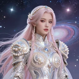 ( hyper realistic proportional stylization portrait of a techpunkk war cleric in a futuristic pearl armor full of astral runes, the background is decorated with the universe ) by noah bradley, photorealistic, dynamic lighting, very detailed faces, trending on artstation, wallpaper, dream, 4 k, award winning, lovely pastel colors, ethereal, elegant