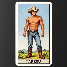 a beautiful tarot! card of a handsome shirtless cowboy wearing cowboy hat and boots with a chunky build and beer belly next to a campfire, homoerotic!, art deco!, art nouveau, by Mark Maggiori, by Alphonse Mucha, trending on artstation