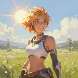 a beautiful oil painting of tracer from the game overwatch in the style of delphin enjolras, standing alone in grassy field, smiling while the sun shines down, feminine face, light rays, radiant quality, 4 k, brush strokes, beautiful eyes, peaceful atmosphere, artstation, heavenly glow, tracer overwatch, detailed face, smiling,