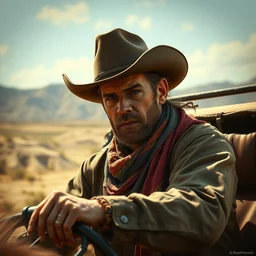 hyperrealist portrait of a cowboy driving a stage coach by james bama and jeremy mann and alphonse mucha, fantasy art, photo realistic, dynamic lighting, artstation, poster, volumetric lighting, very detailed faces, 4 k, award winning