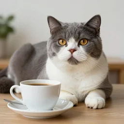 photo british shorthair cat with cup of coffee