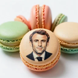 colorful macarons engraved with the portrait of emanuel macron, highly detailed, photo - realistic, food photography
