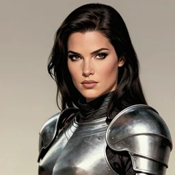 a beautiful woman dark hair in an armor with dark eyes, elegant, character sheet by jim lee