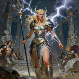 A mixed media painting of the beautiful blonde goddess of war infused with lightning, very aesthetic, curvy, detailed face, elven armor, by Frank Frazetta, Greg Rutkowski, Boris Vallejo, Beeple, Yoko Taro, Christian MacNevin, epic fantasy character art, goddess of anger, viking runes, high fantasy, CGsociety, full length, exquisite detail, post-processing, masterpiece, cinematic, odin's stone arena background