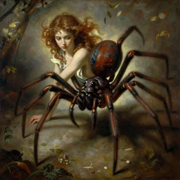 a creature that is half human girl and half spider, by wayne barlowe, by gustav moreau, by goward, by gaston bussiere, by roberto ferri, by santiago caruso, by luis ricardo falero, by austin osman spare, by saturno butto