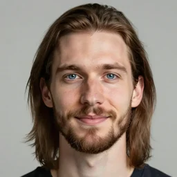 caucasian face, medium long brown hair, bad skin, short beard, skinny, blue eyes, smiling, ultrarealistic