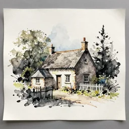 a watercolor and ink painting of a cottage, drawn on white parchment paper
