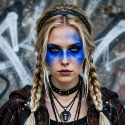 highly detailed closeup portrait of a sewer punk swedish female barbarian student, tartan garment, blonde hair pigtails with headband by atey ghailan, by greg rutkowski, by greg tocchini, by james gilleard, by joe fenton, by kaethe butcher, gradient sapphire, black, brown and white color scheme, grunge aesthetic!!! white graffiti tag wall background
