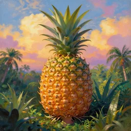 closeup, giant pineapple head, girl surrounded by a djungle, surreal photography, golden hour, colorful clouds, impressionist painting, digital painting, artstation, simon stalenhag
