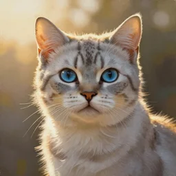 painting of Ashfur from Warrior Cats, a light gray cat with dark specks and blue eyes, backlighting, golden hour, art by Kenne Gregoire and Paul Gustav Fischer