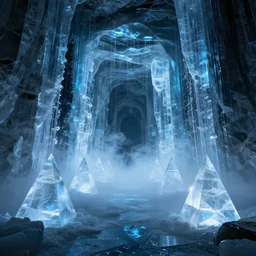 translucent pyramids inside an ice cavern, led screen exposure, black water cooling coolant flowing through the walls, blue light filter, portal 2 aesthetic, octane render, ray tracing, specular highlighting, volumetric fog, trending on artstation, 6 k, wallpaper