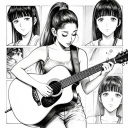 Ariana Grande playing acoustic guitar, black and white manga sketch in the style of Junji Ito, Naoko Takeuchi, Kentaro Miura, cross hatchiing