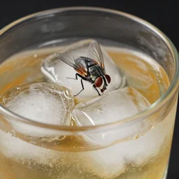 a fly floating in a drink with ice cubes, ultra high quality