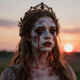 Midsommar May Queen Deteriorated Zombie Portrait, Red Liquid Tears, Trending on ArtStation, beautiful sunset aesthetic, photorealistic, volumetric lighting, hyperrealistic, octane render, HDR, photorealistic, bokeh