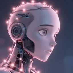 close up sideview emotional cyborg face wrapped in pink string lights, sketch illustration, disney concept art, soft glow, dappled light, portrait art, backlit, indie studio, fantasy, rim lighting, intense, powerful, emotional, powerful, epic composition, noise, texture, rule of thirds, dappled light,