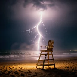 a 2 8 mm macro photo of lightning striking a lifeguard chair at the beach, long exposure, misty, night, splash art, movie still, bokeh, canon 5 0 mm, cinematic lighting, dramatic, film, photography, golden hour, depth of field, award - winning, anamorphic lens flare, 8 k, hyper detailed, 3 5 mm film grain