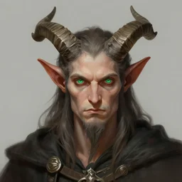 a digital painting of a man with horns and green eyes, grim dark satyr wizard from d & d, a character portrait by zoe mozert, deviantart contest winner, fantasy art, detailed painting, d & d, young bard with music magic character design from witcher, 4 k, ultra detail, volumetric lighting, unreal engine, octane render