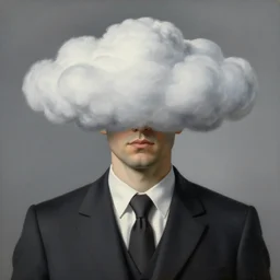 portrait of man in a suit with clouds hiding his face by rene magritte, detailed painting, hd, hq, high resolution, high detail, 4 k, 8 k