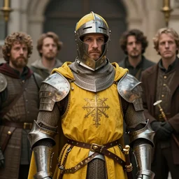 A fancy portrait of a yellow medieval Holy Knight by Greg Rutkowski, Sung Choi, Mitchell Mohrhauser, Maciej Kuciara, Johnson Ting, Maxim Verehin, Peter Konig, 8k photorealistic, cinematic lighting, HD, high details, dramatic, trending on artstation