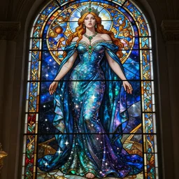 a full body stained glass window of triss merigold as the thicc empress of time, long and beautiful floor length nebula colored dress made of stars and stardust, emerald tiara and necklace, space, universe, portrait, highly detailed, deep focus, elegant, digital painting, smooth, sharp focus, illustration, ultra realistic, 8 k, art by artgerm and alphonse mucha