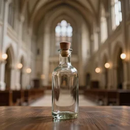 there is a glass bottle sitting on a table in the great hall of a giant castle, bokeh macro shot