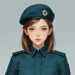 potrait bust of young woman with shoulder length light brown hair and hazel eyes dressed in a sharp dark teal military uniform and beret, beautiful, symmetrical, anime, ilya kuvshinov, greg rutkowski, guweiz, ross tran, loish, svetlana tigai, artgerm, artstation trending, concept art, digital painting