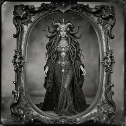 tintype ambrotype daguerreotype of a cthulhu priestess adorned in occult jewelery with tentacle hair. emerging walking out of a slithering baroque frame. she is high priestess of cthulhu. tintype