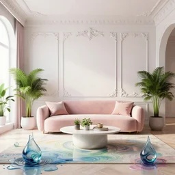 a modern indoor room, clean architecture, pastel colored, baroque, a couch, a couch table, some fresh plants, surounded a hiper detailed inkdrop in water, intricate detailed 3 d render, hyper realistic intricate acrilic fluid art, elegant, intense colors, wide shot, octane render, concept art, daylight, peaceful, 8 k