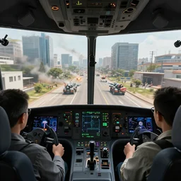 a cockpit view from a mech, overlooking an urban battle