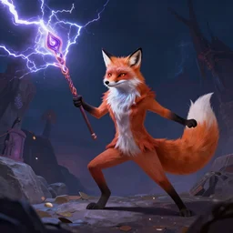 the fox magician cast a thunder spell with his staff, lightning, artstation