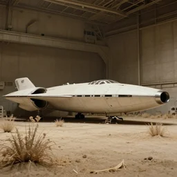 film still of a space freighter hangar, desolate mining planet, aerodynamic parked space ship, ridley scott, overgrown with dusty plants, beige light, screenshot from a 1 9 8 0 s sci - fi film,