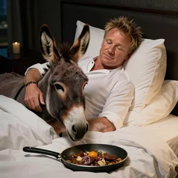 Gordon Ramsay in bed dreaming about donkeys cooking food, night, 8k, stock photo, full image, bedroom, beautiful, detailed, realistic