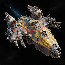 stylistic vray 3 d render of sidescrolling shooter robotech warhammer macross spaceship with lots of tiny guns, outer space, hyperrealism, fine detail, 8 k, artsation contest winner, cgsociety, fantasy art, cryengine, brush strokes, oil, canvas, gaudy colors on black background, photorealism, daz 3 d, sketchfab, zbrush, by mandy jurgens, artgerm, lu ji, robert mccall and michael whelan