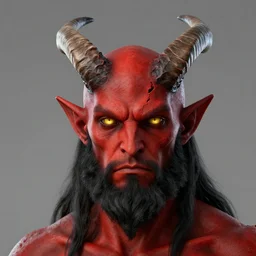 a d & d style male tiefling, with red skin, completely golden eyes, and a black beard, with 2 horns protruding out of his forehead which curve back, one is broken at a quarter of the length of the other, octane render, unreal engine 6, conceptual art, ray tracing