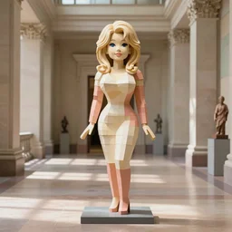 a polymer sculpture of Dolly Parton in a museum hall, soft sunlight dappling on the hallway, classical architecture,  award-winning photo