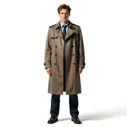 battle-worn detective in trench coat, photorealistic portrait photography, full body, standing, isolated on a pure white background, centered, whole figure in frame, sharp focus, studio lighting