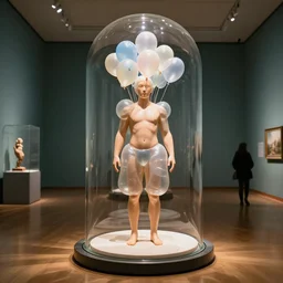 a perfect photograph of a museum exhibit, a glass human shaped belljar enclosing a man who has had all his skin inflated like magic plastic balloons
