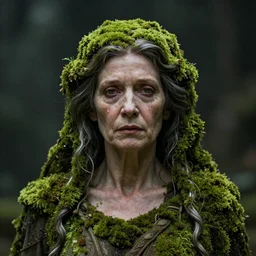 Centered portrait of one single moss-covered 65 year-old Gaia goddess with a tear running down her cheek, highly-detailed, elegant, dramatic lighting, artstation, 4k