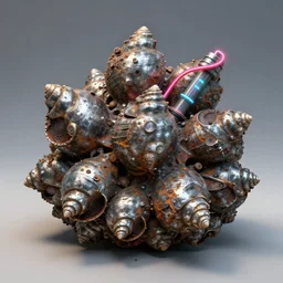 airbrushed chromed rusted mollusk cluster with neon yaw piping alex ross, simon bisley, kelly freas fine art masterpiece baked at 3 0 0 f, matte painting, cold lighting, aged with sunlight, award winning horror, photorealistic render, cinematic