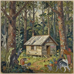a cabin in the woods with creatures by matthew forsythe, detailed, intricate, torn paper collage, oil on canvas by chuck groenink, moebius