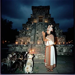 film photography, an Aztec Priest praying to the dogs at the altar of an Aztec temple, at night, lit with candles, stormy night, Leica M6, cinestill 800, Noctilux 50mm