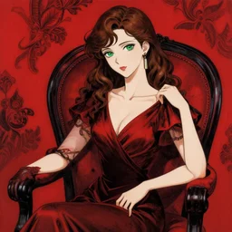 gorgeous woman with brown hair and green eyes, wearing an elegant dress, earring, sitting in a chair, painted with red and black color palette, in the style of and ilya kuvshinov and greg rutkowski, high quality anime artstyle, intricate