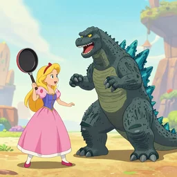 princess rapunzel fighting godzilla with a frying pan