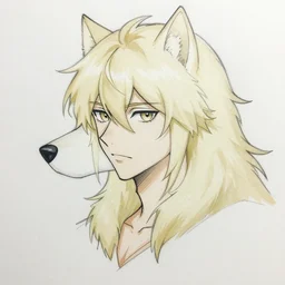 modern anime colored concept art sketch of a male anthro anthropomorphic cream colored wolf, with cream colored medium length anime hair, colored line art on white paper, male anime eyes, key anime visual