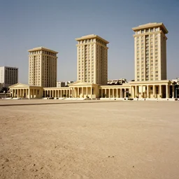1 9 7 0 s movie still of a empty huge neoclassical town with neoclassical high - rise in the desert, cinestill 8 0 0 t 3 5 mm eastmancolor, heavy grain, high quality, high detailed