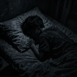 dark silhouette of a boy laying down in his room alone, dark, gloomy, eerie, digital art, extremely detailed, trending on artstation, fine details