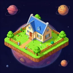 isometric view a house and garden on a strange planet, from a space themed Lucasarts graphic adventure game made in 1998