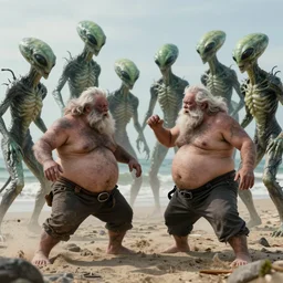 photo, two old hairy fat ugly men! fighting alien monsters 4 0 1 2 6 on a beach, highly detailed, scary, intricate details, volumetric lighting, front view